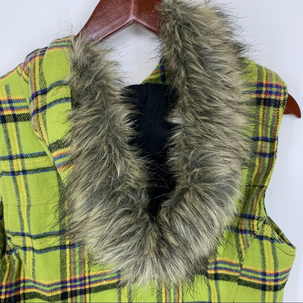 Mossimo Supply Co Retro Lime Green Blue Multi Plaid Full Zip Vest Faux Fur Hood - Picture 9 of 15